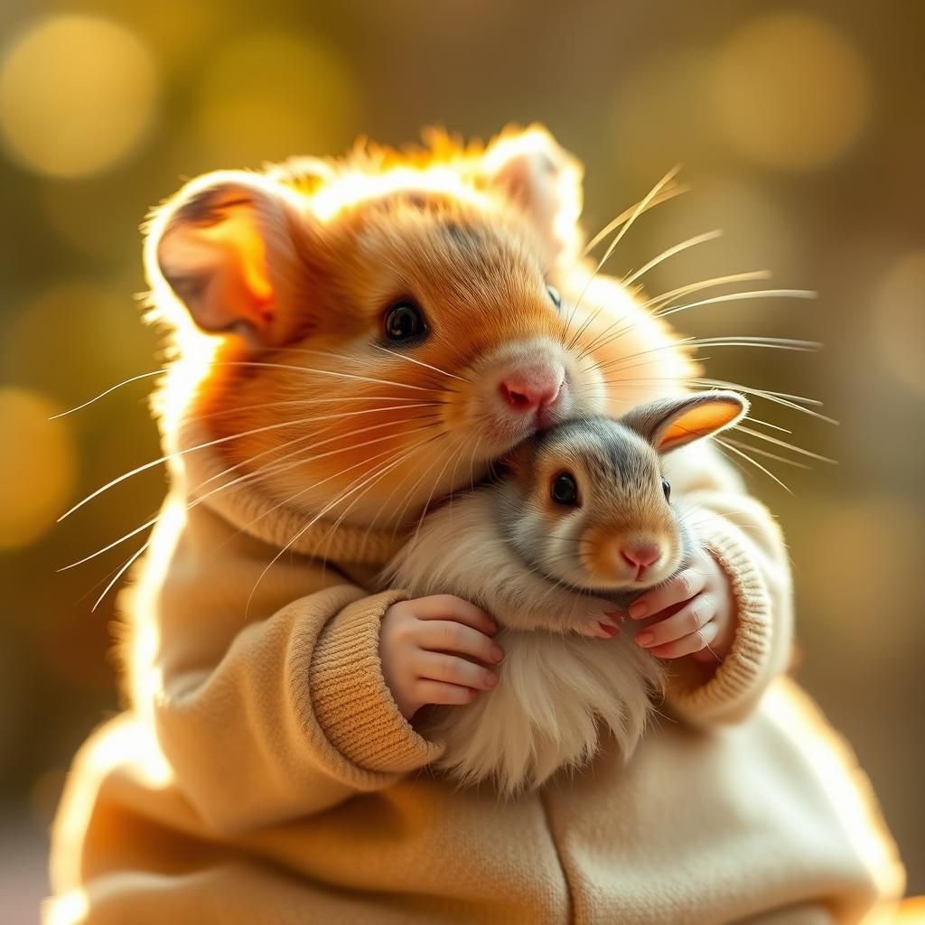 Hamster Cradling Rabbit in Dreamy, Ethereal Style