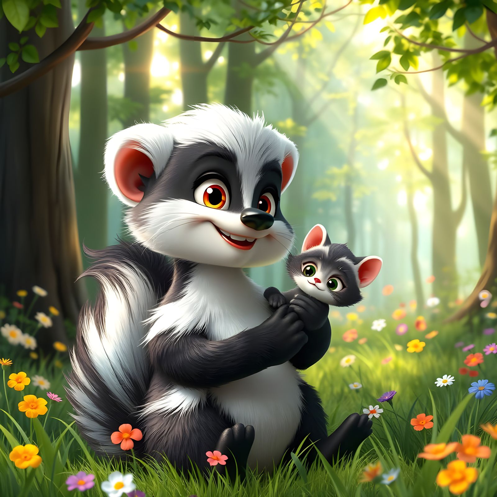 Whimsical Cartoon Skunk and Kitten in Vibrant Forest