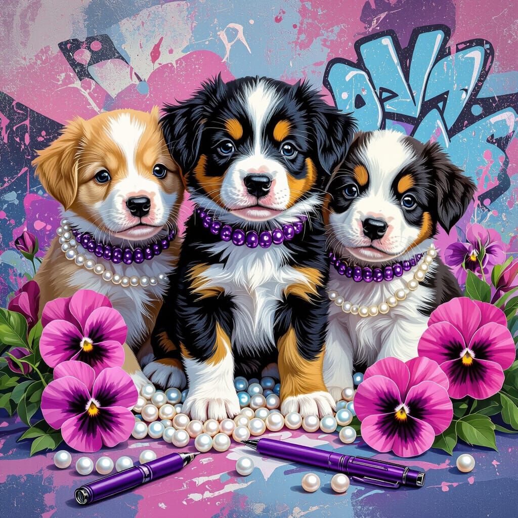 Graffiti Art Puppies with Pearls and Pansies