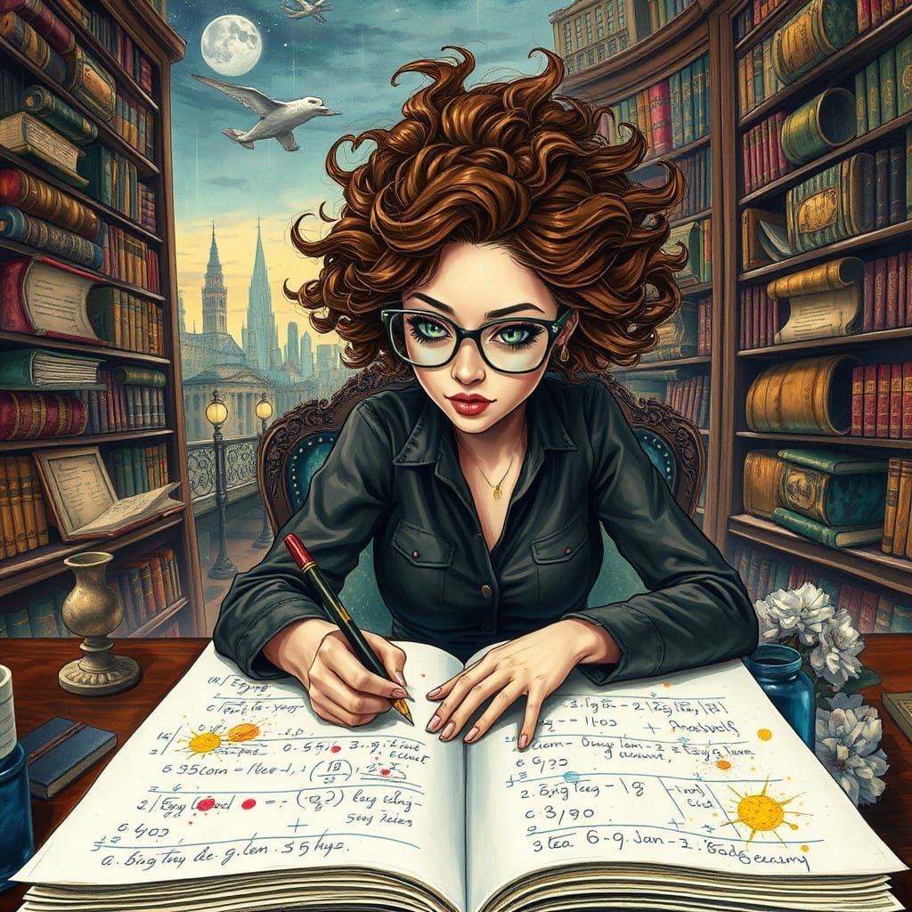 Whimsical Woman in a Fantastical Library