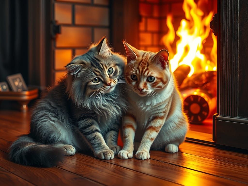 Cats Share Intimate Moment by the Fireplace
