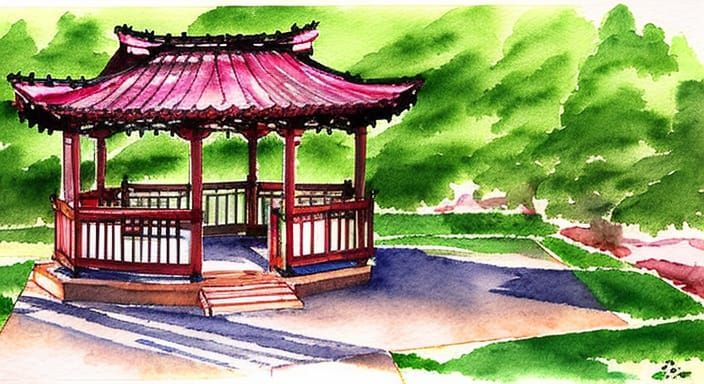 Incandescent Gazebo in Sakura Watercolor Style
