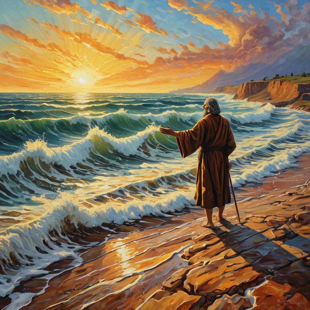 Moses Parting the Sea: Neo-Impressionist Oil Painting