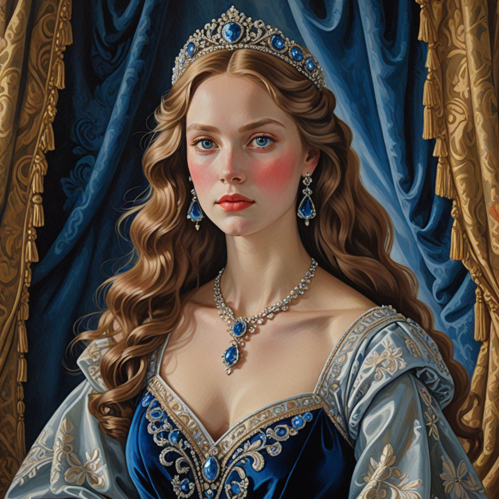 Russian Realism Portrait in Luxurious Velvet and Silver