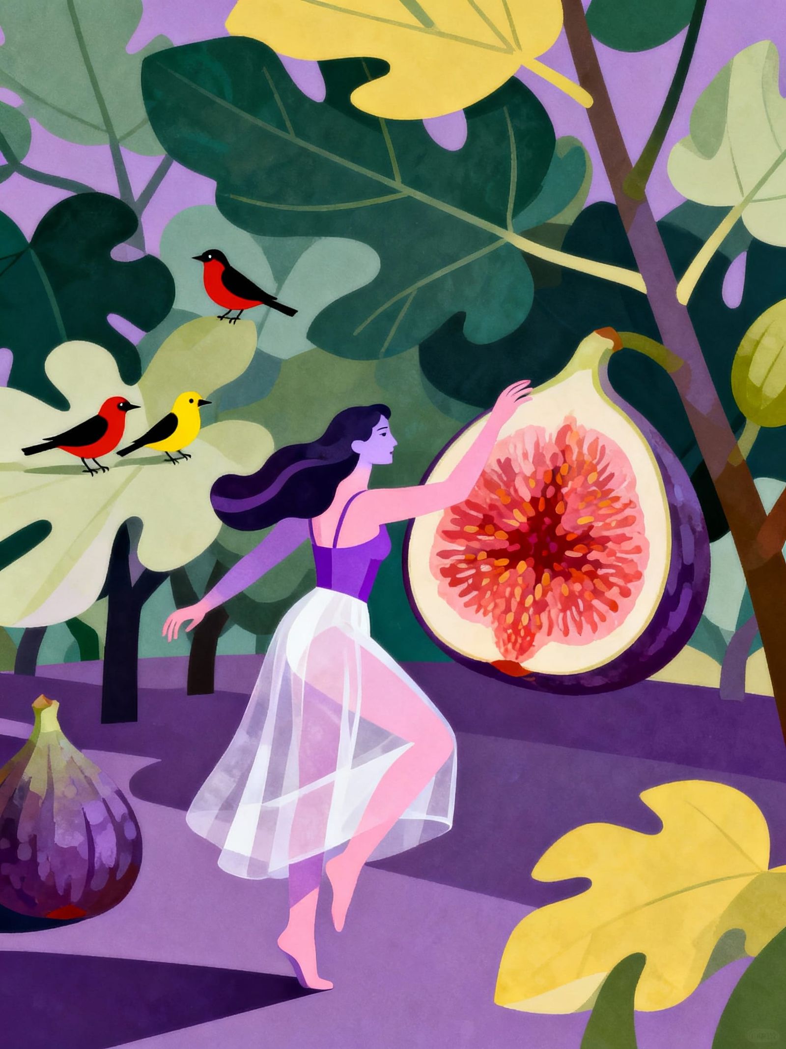 Woman Reaching for Fig in Tropical Orchard, Modernist Surrea...