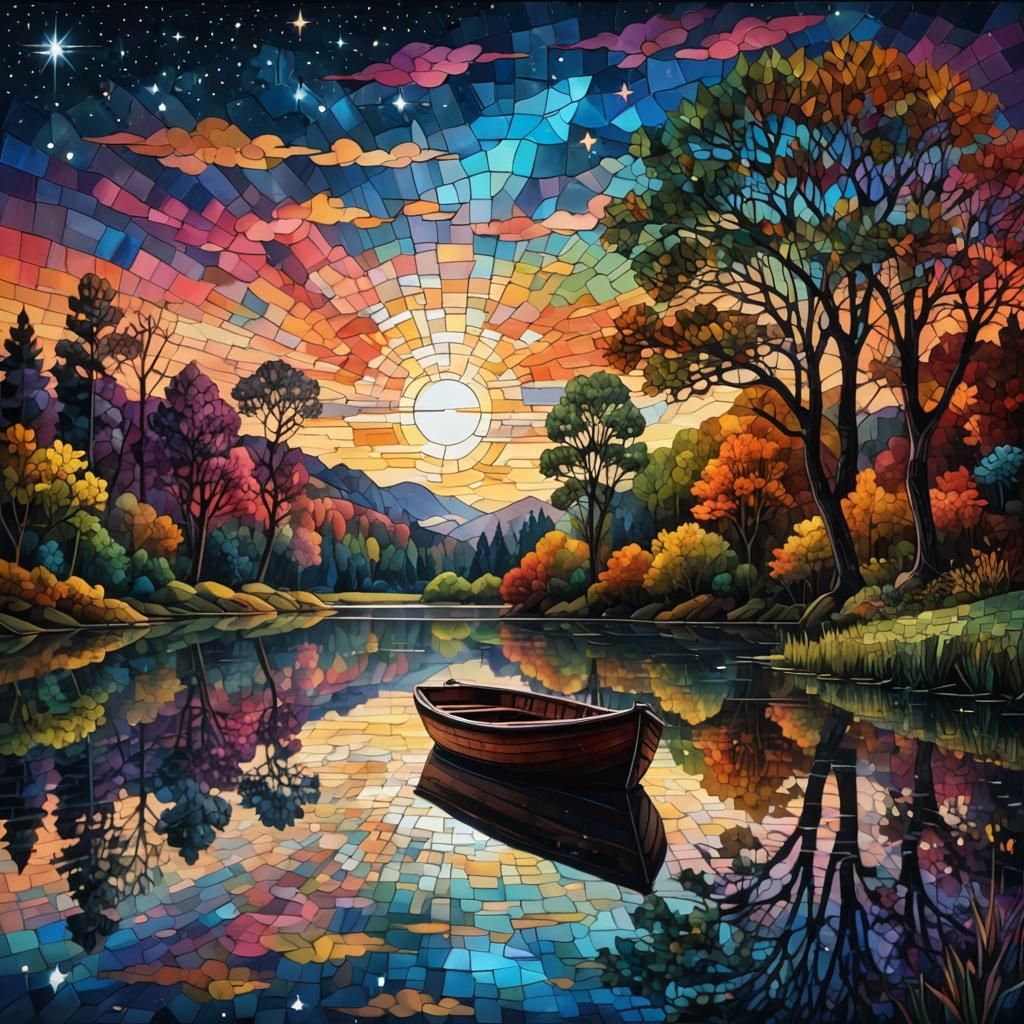 Small Boat on Lake at Night: Stained-Glass Mosaic