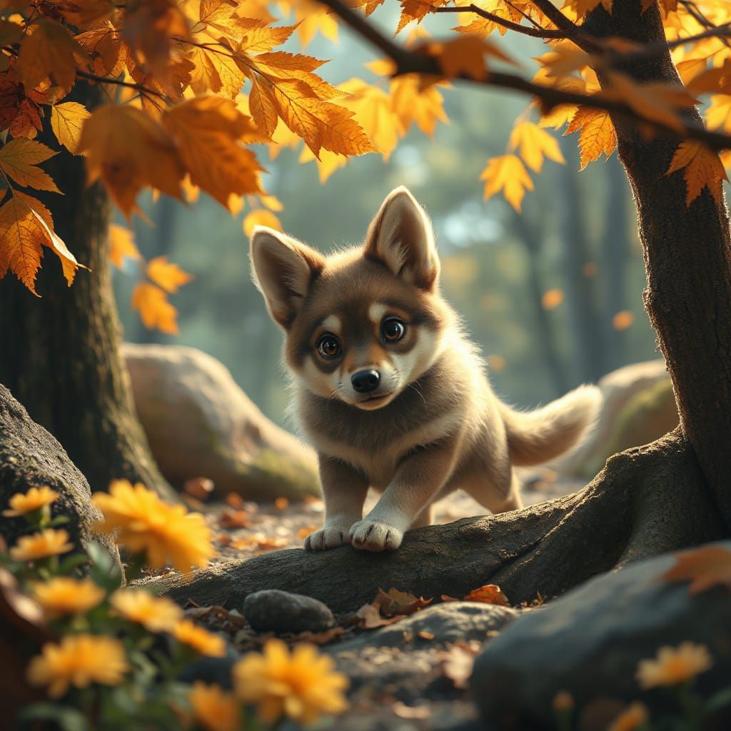 Whimsical Wolf Pup in a Radiant Grove