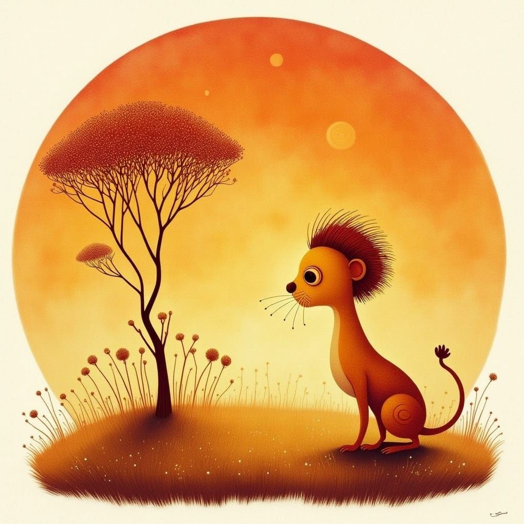 Lion Cub in Watercolor Savannah Sunset Illustration