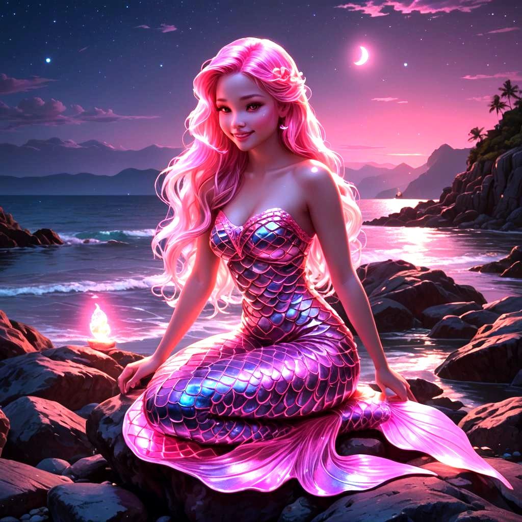 Neon Mermaid on a Stone Seascape