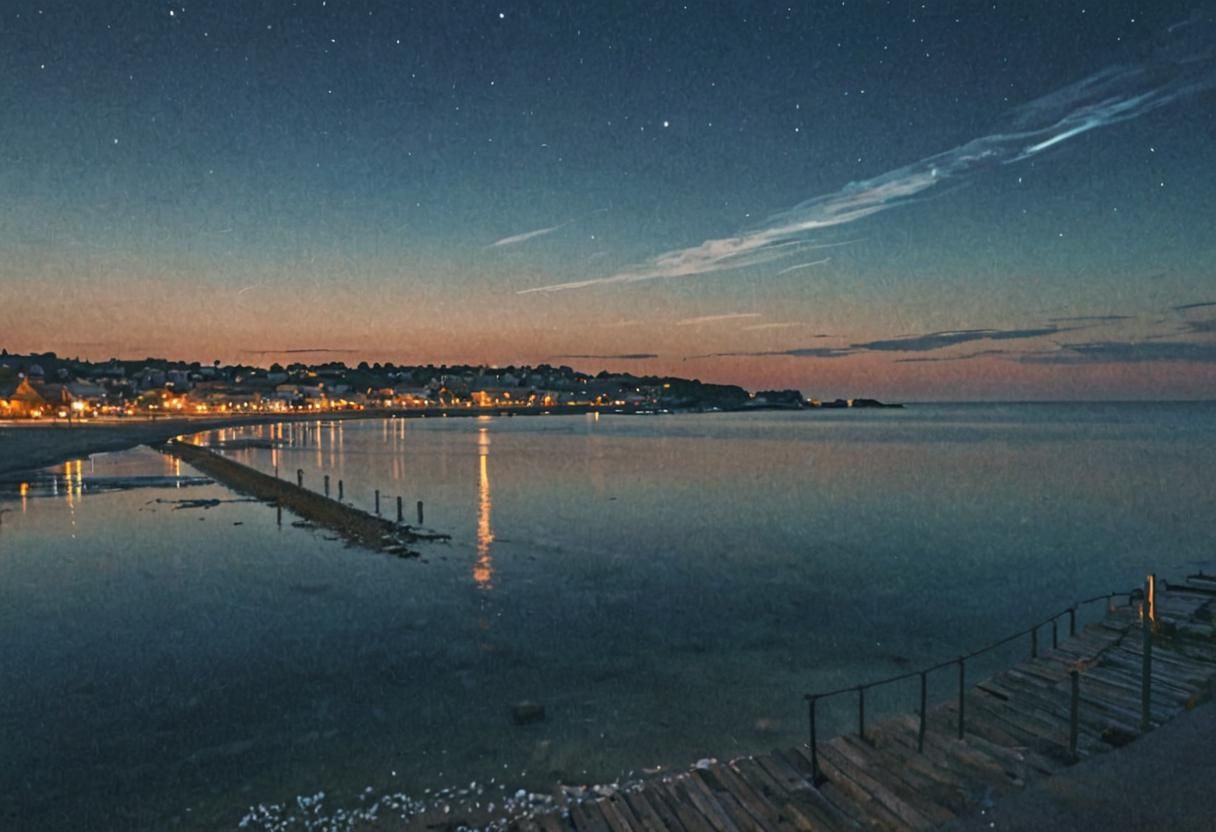 Seaside Town Under Noctilucent Clouds, Impressionist Digital...