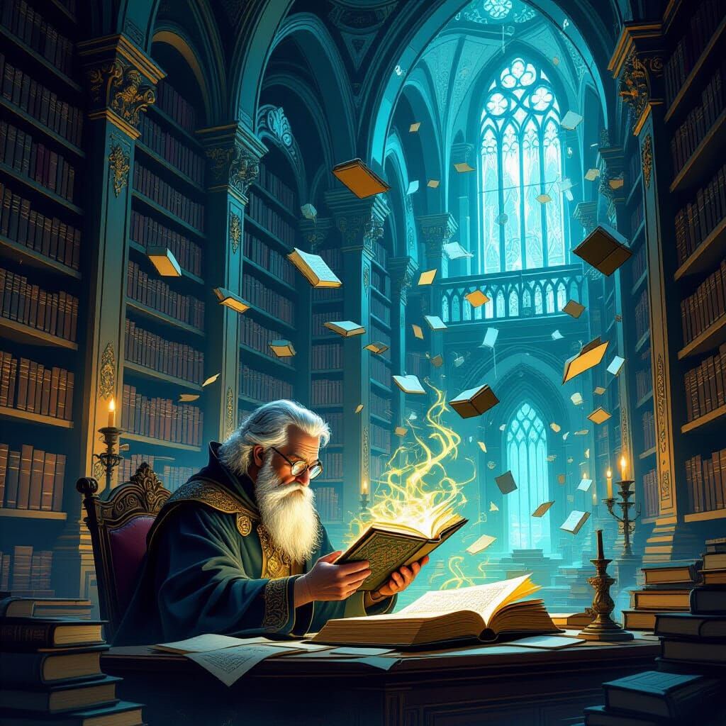 Magical Library with Floating Books & Scholar