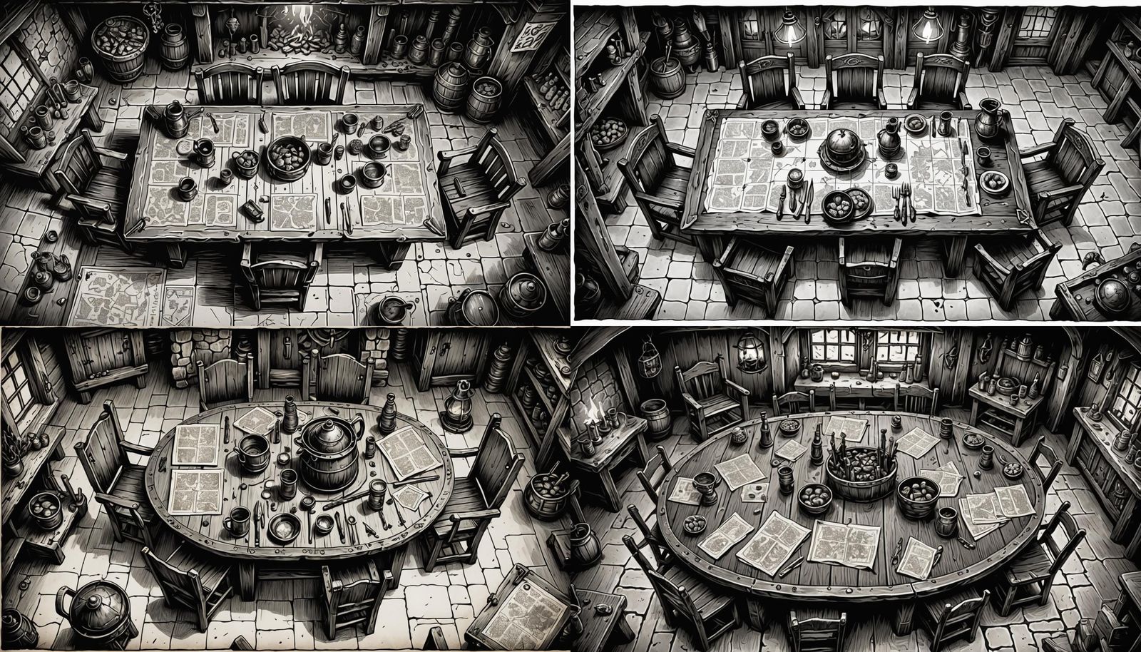 Medieval Tavern Table in Black and White Ink