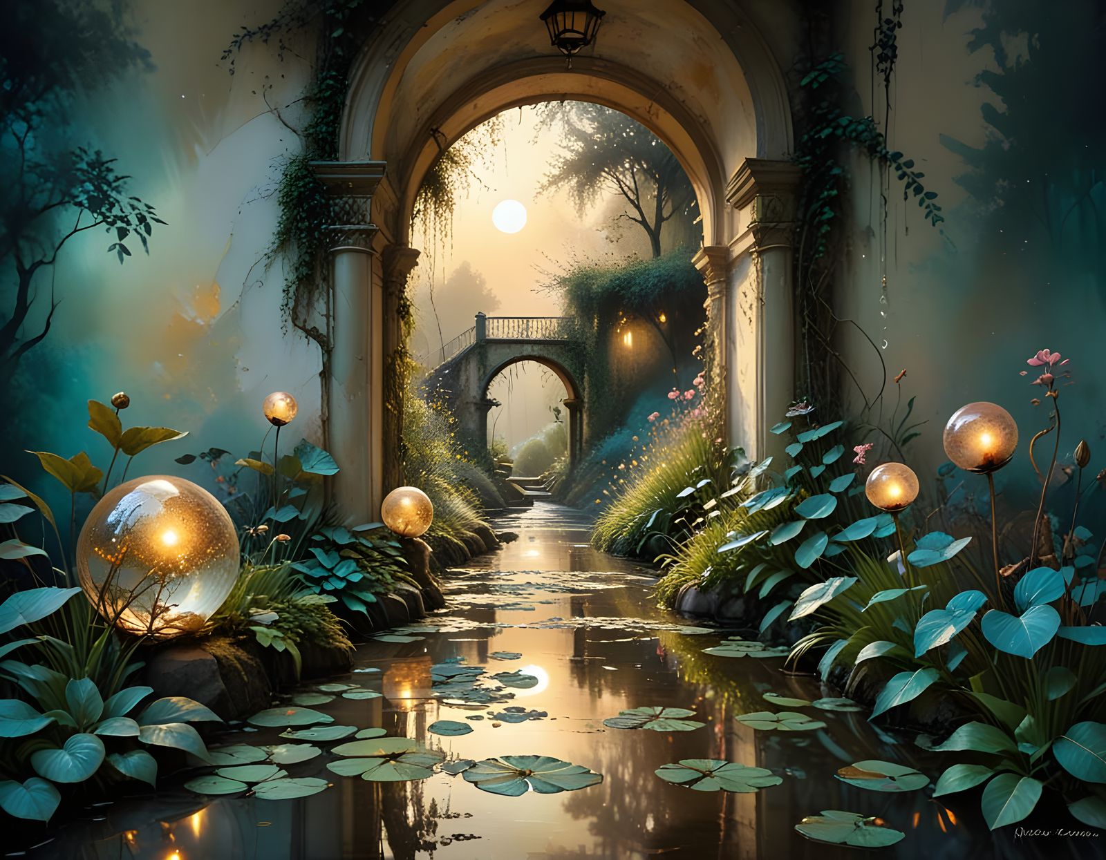 Golden Spheres in Misty Summer Landscape as Ink Art