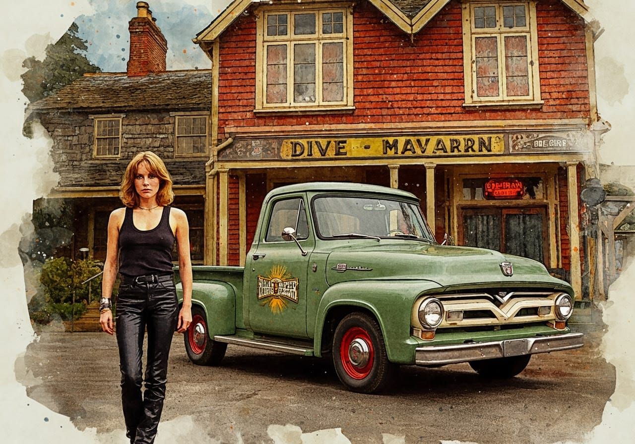 Diana Rigg Impressionistic Watercolor Beside Vintage Ford