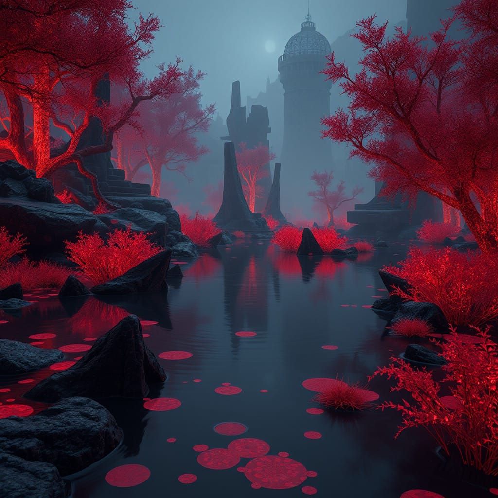 Mysterious Crimson Veil Pond in Eerie Bioluminescent Glow