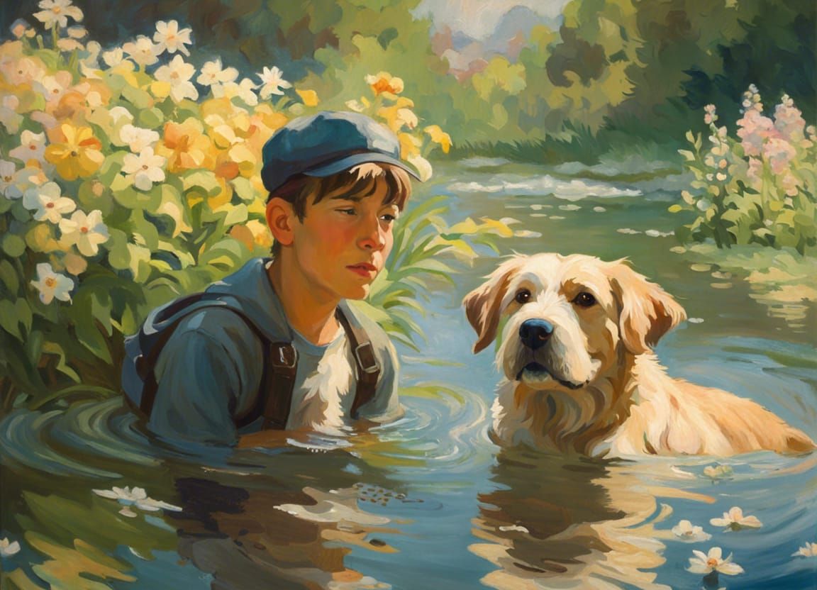 Boy and Dog Swimming: Impressionist-Style Portrait