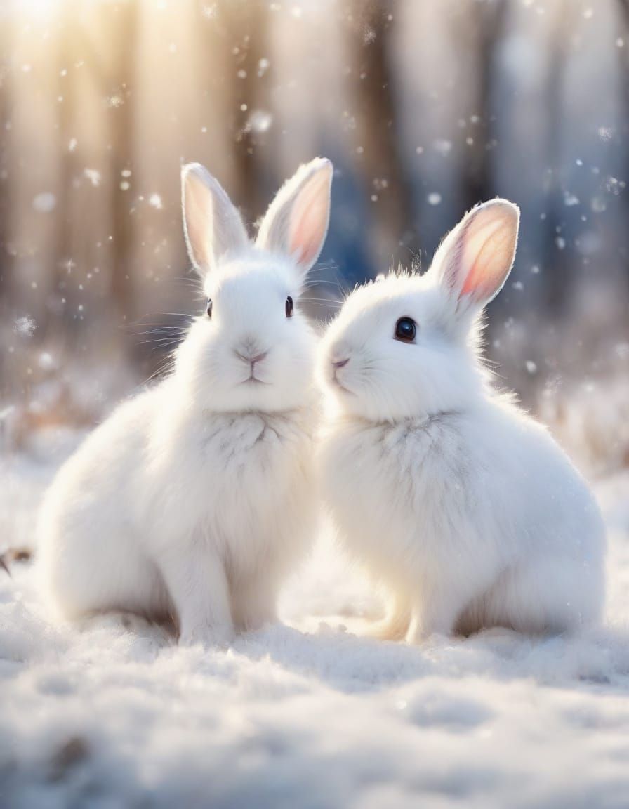 Two Happy Rabbits Play in Detailed Winter Forest