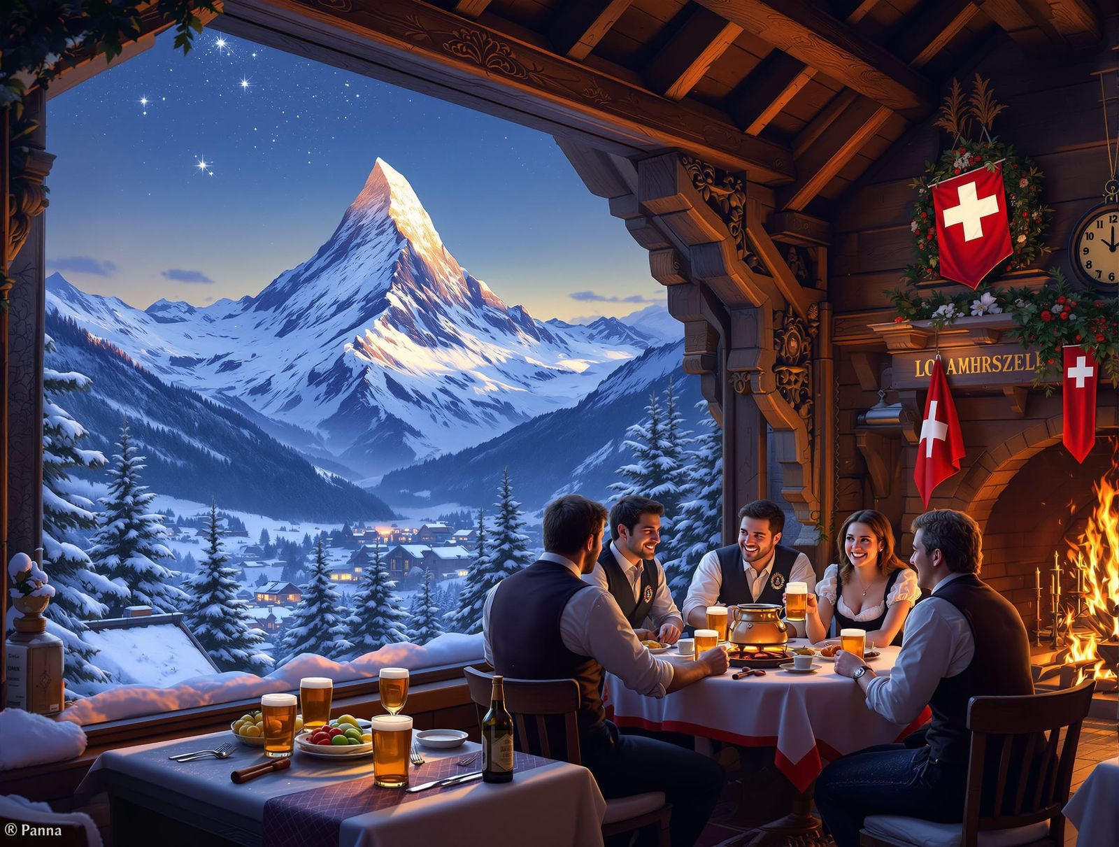 Cozy Swiss Gasthaus in Snowy Alps, Digital Art