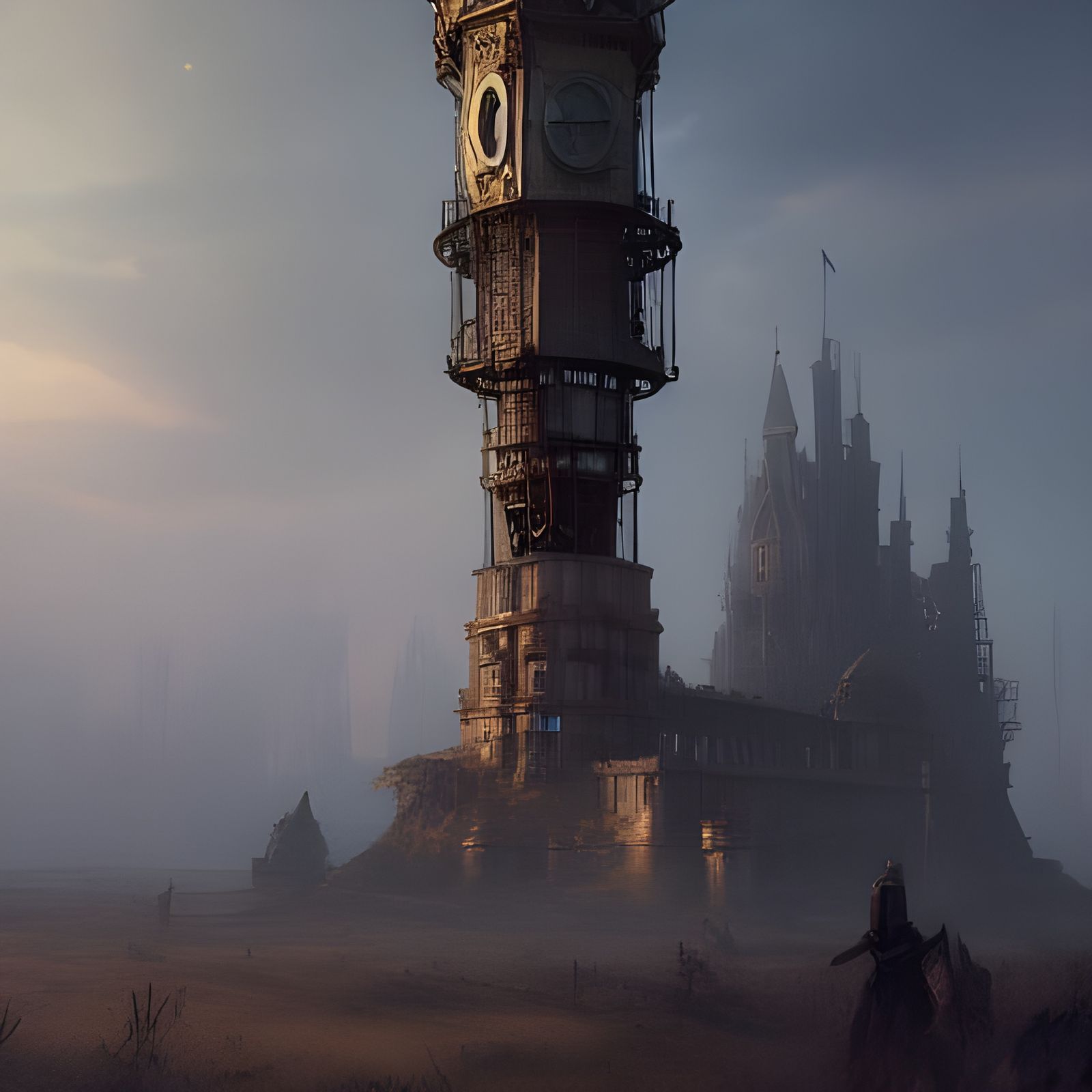 Steampunk Tower Concept Art in Daylight, 8K