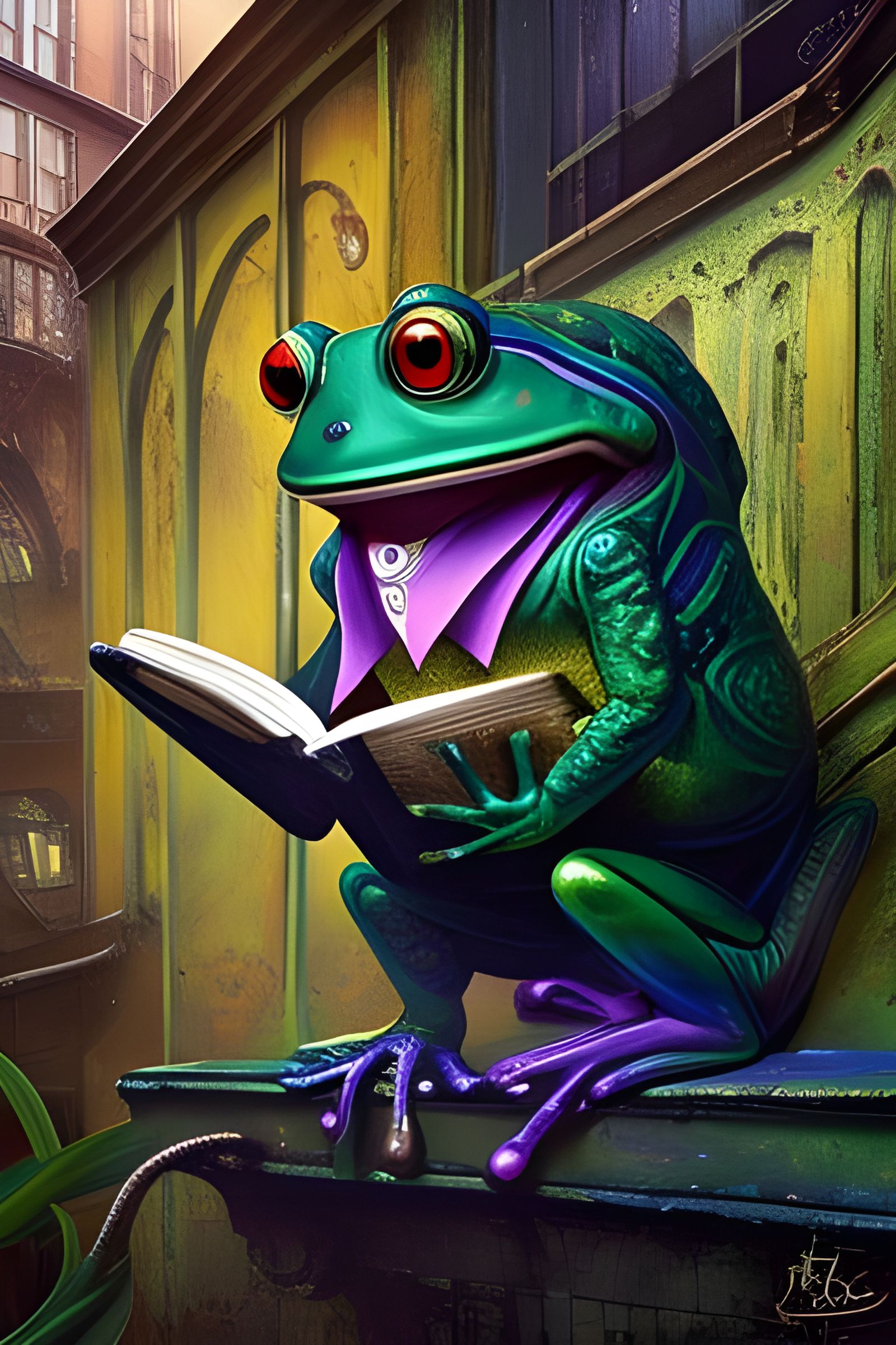 Cyberpunk Frog Reading in Steampunk Cityscape