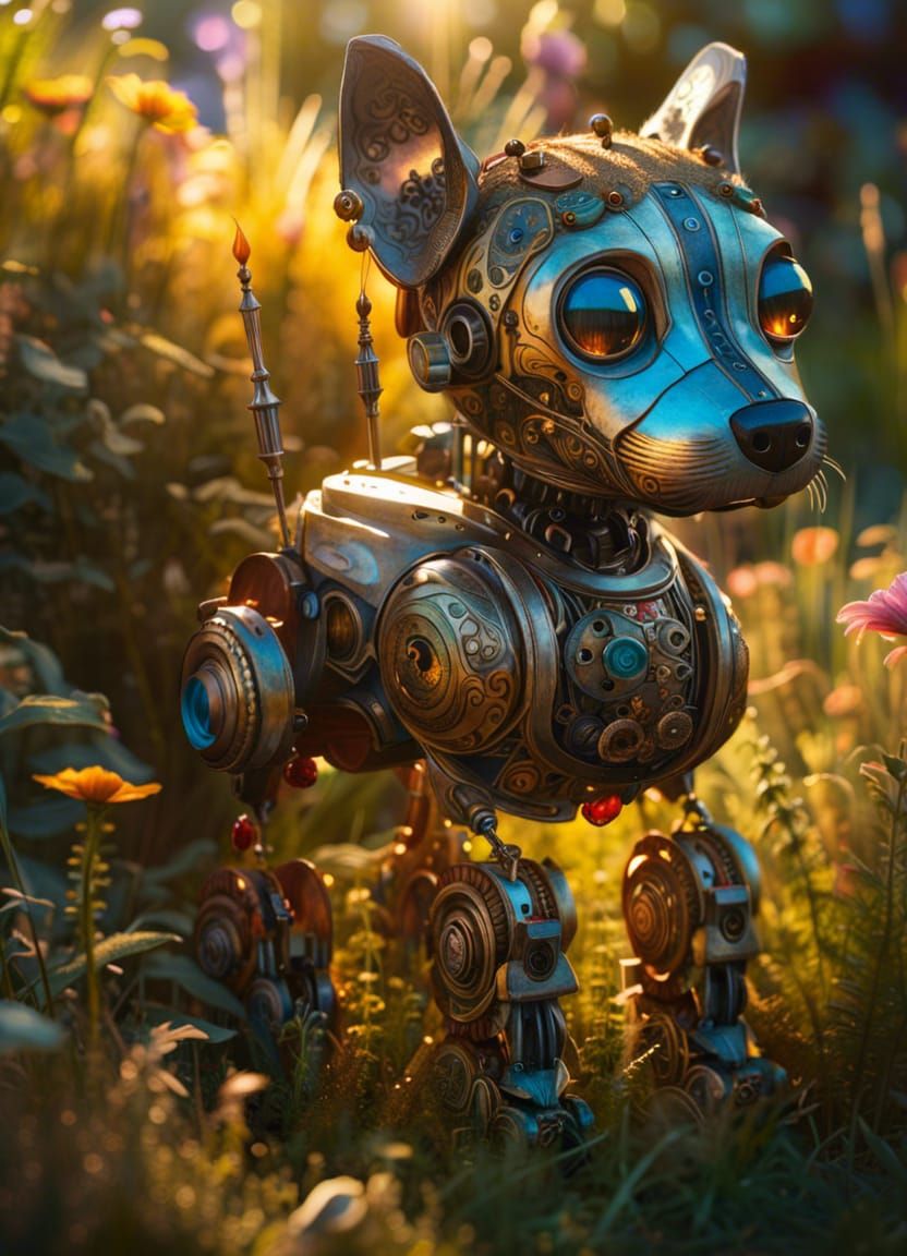 Robot Dog Plays in Garden, Digital Illustration