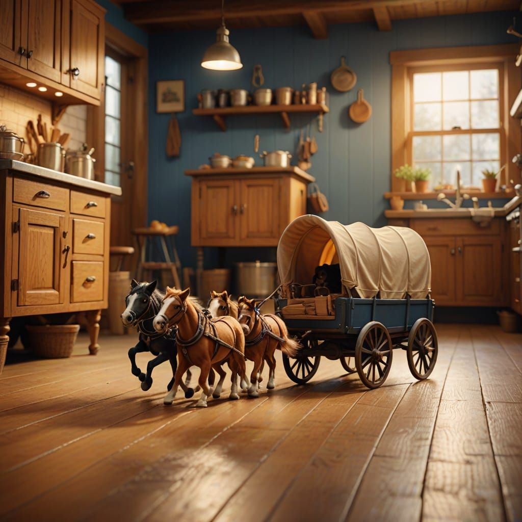Whimsical Canine Chases Horse-Drawn Wagon in Kitchen