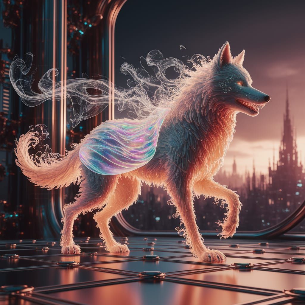 Holographic Genie Ghost & Smoke Wolf in Futuristic City