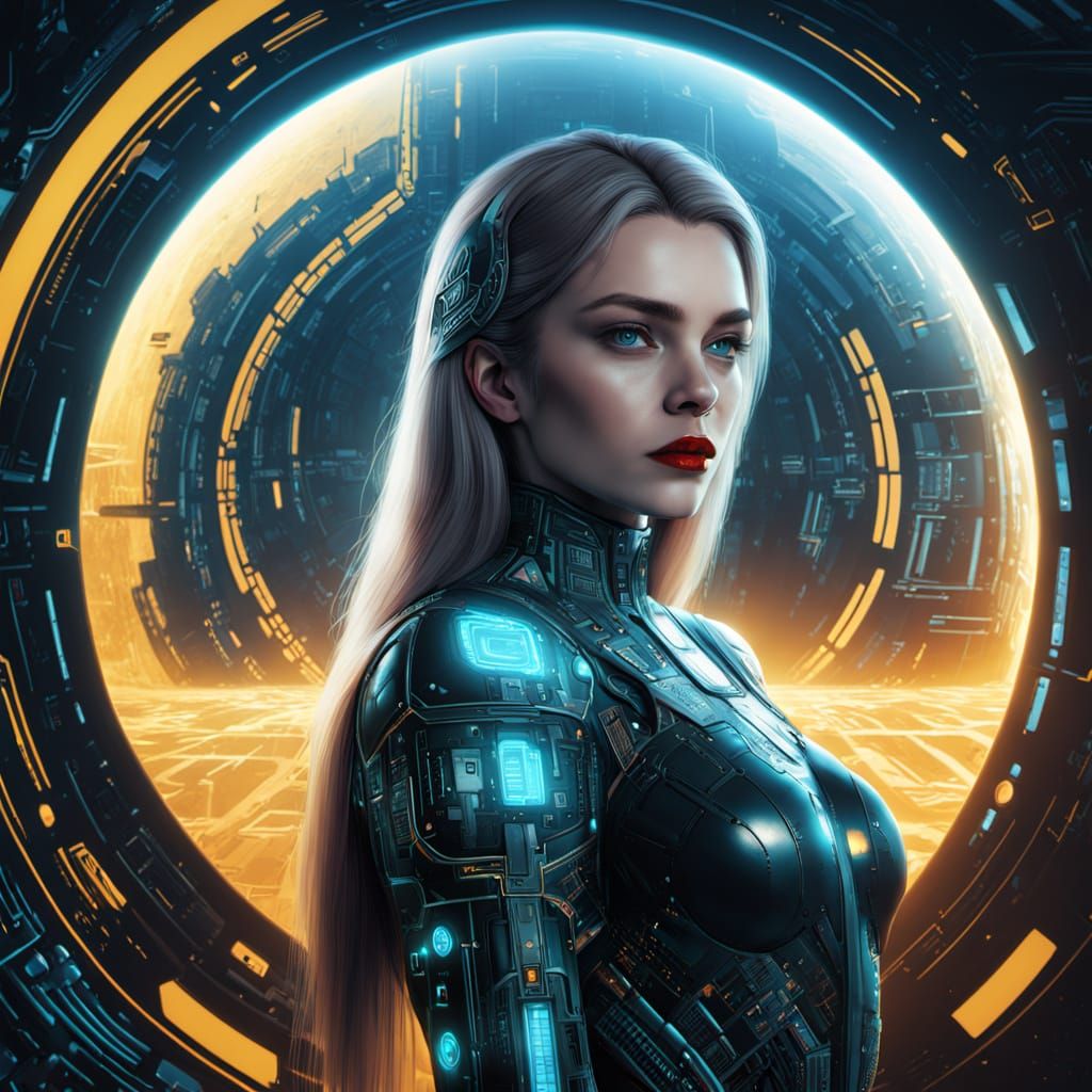 Cybernetic Woman in Schematic Sci-Fi Art