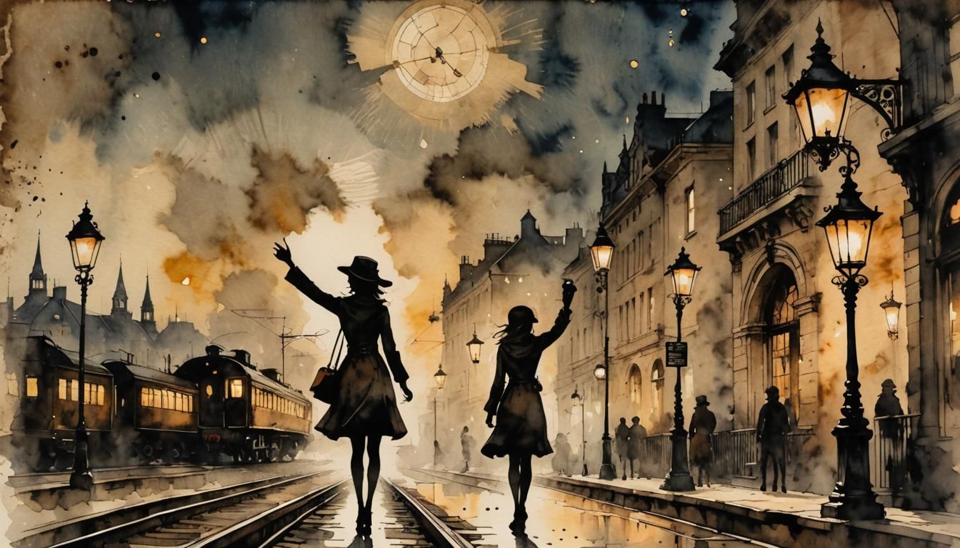 Girl Waving at Train: Steampunk Ink Painting