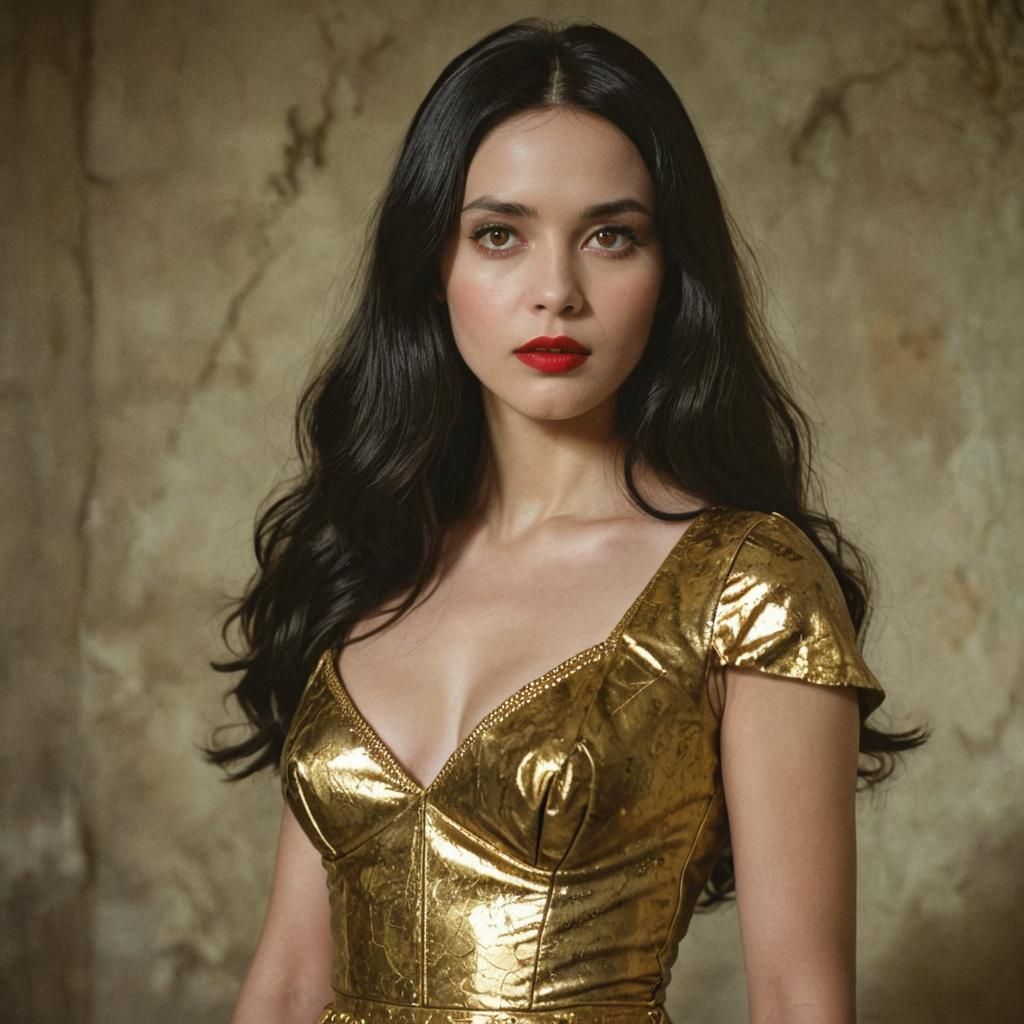 Cinematic Film Still: Woman in Gold Vintage Dress