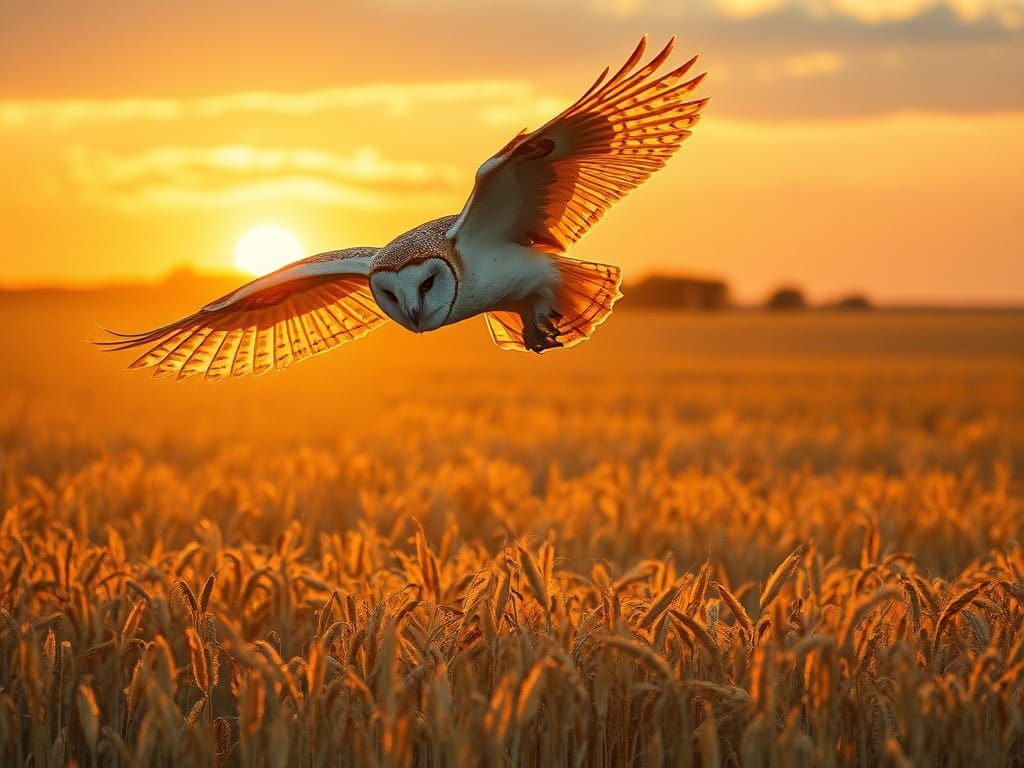 Barn Owl Gliding Over Harvest Field at Sunset
