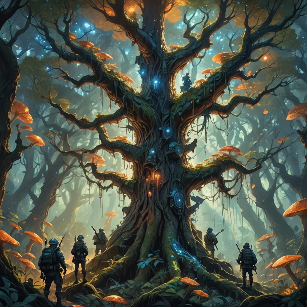 Soldiers on Ancient Tree in Mystical Forest