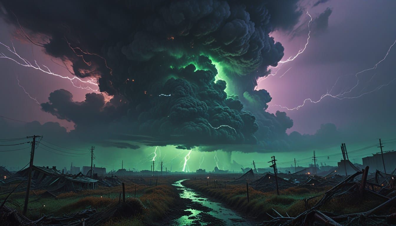 Dystopian Sci-Fi Landscape: Toxic Skies and Eerie Glow