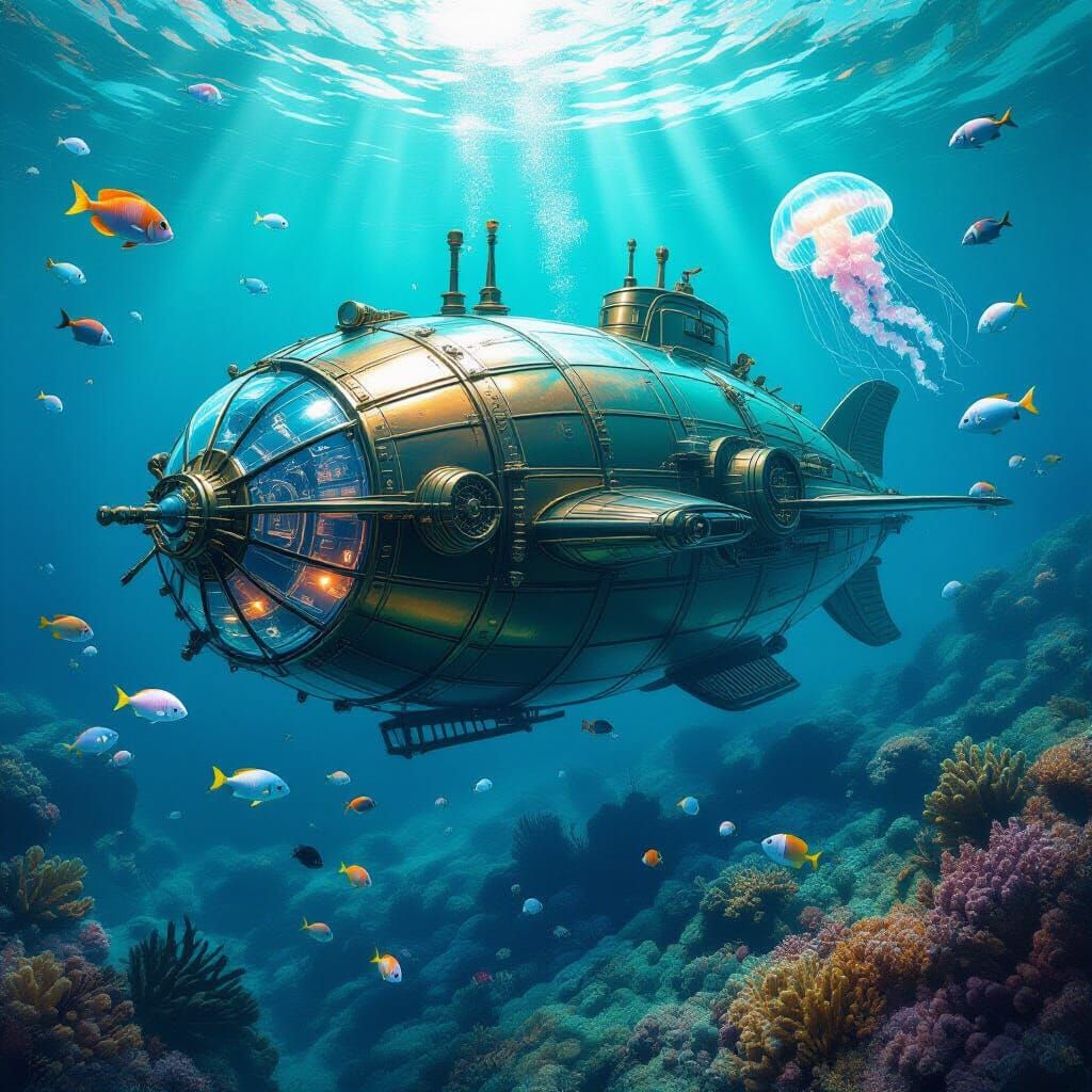 Steampunk Nautilus Submarine Exploring Coral Reef