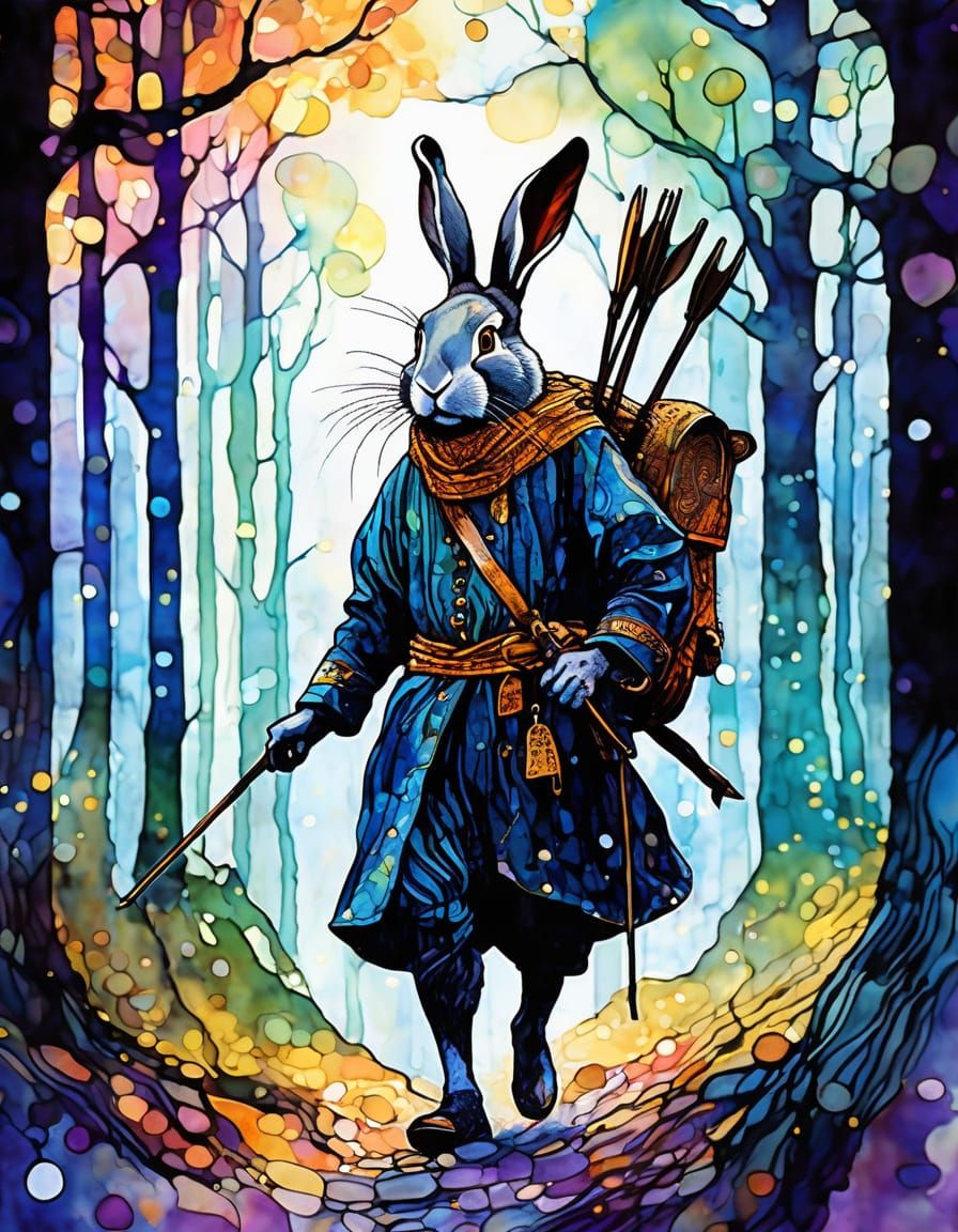Rabbit Huntsman in the Woods: Watercolour Illustration