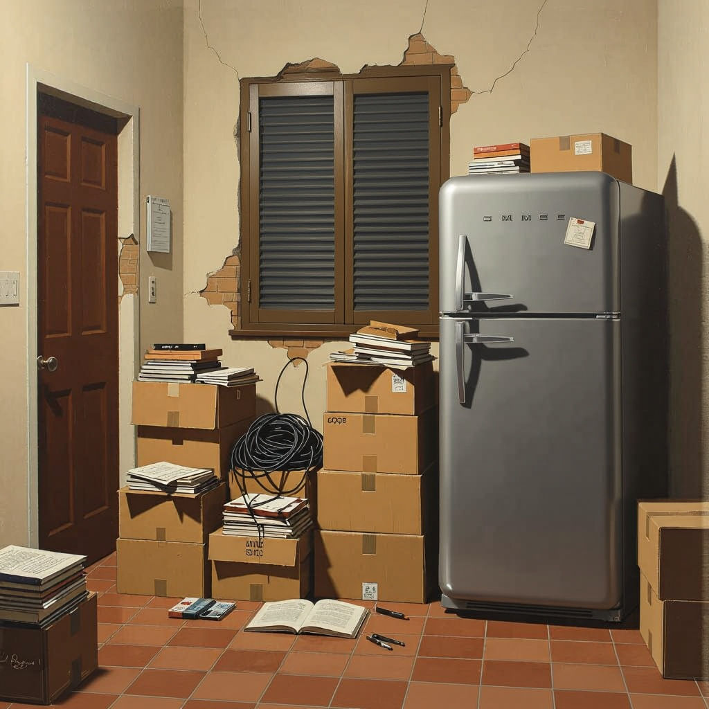 Cluttered Room with Cardboard Boxes and Opaque Window