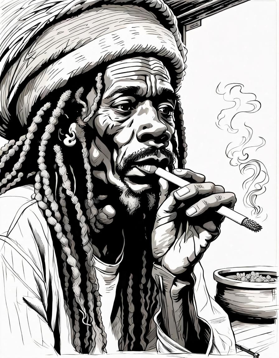 Pencil And Pen Sketch: Old Rastafarian Man With Dreadlocks Smoking A Spliff