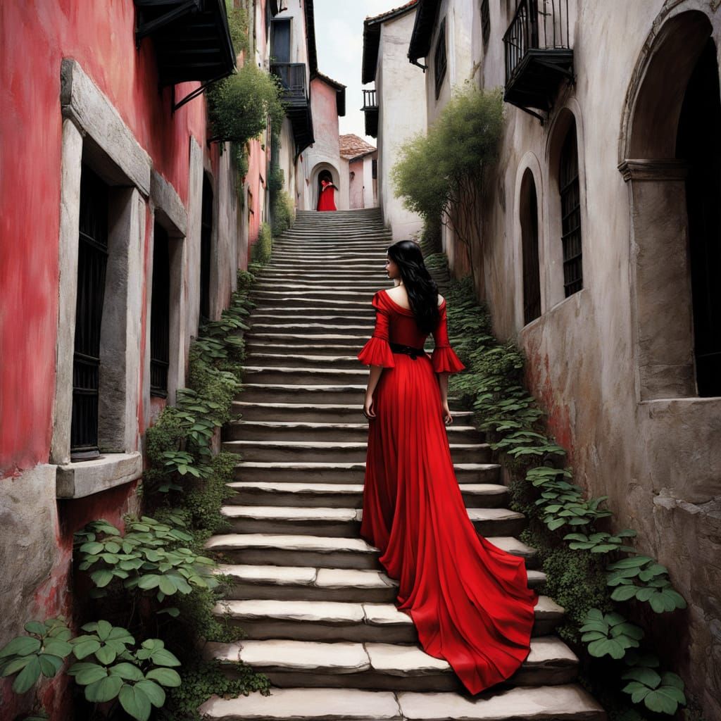 Medieval Woman Descending Stairs in Cartoon Style