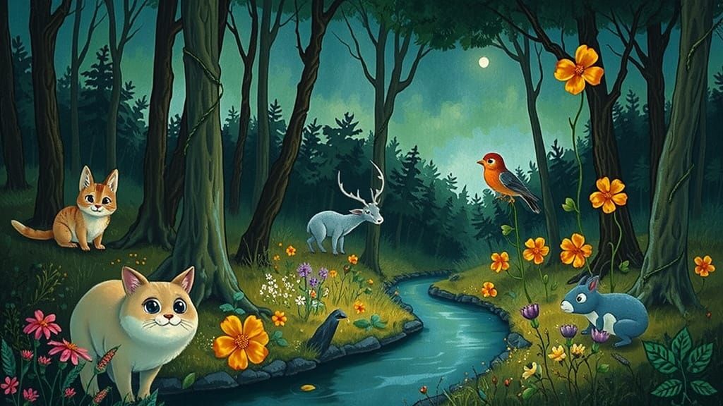 Whimsical Forest Creatures in Vibrant Watercolor Style