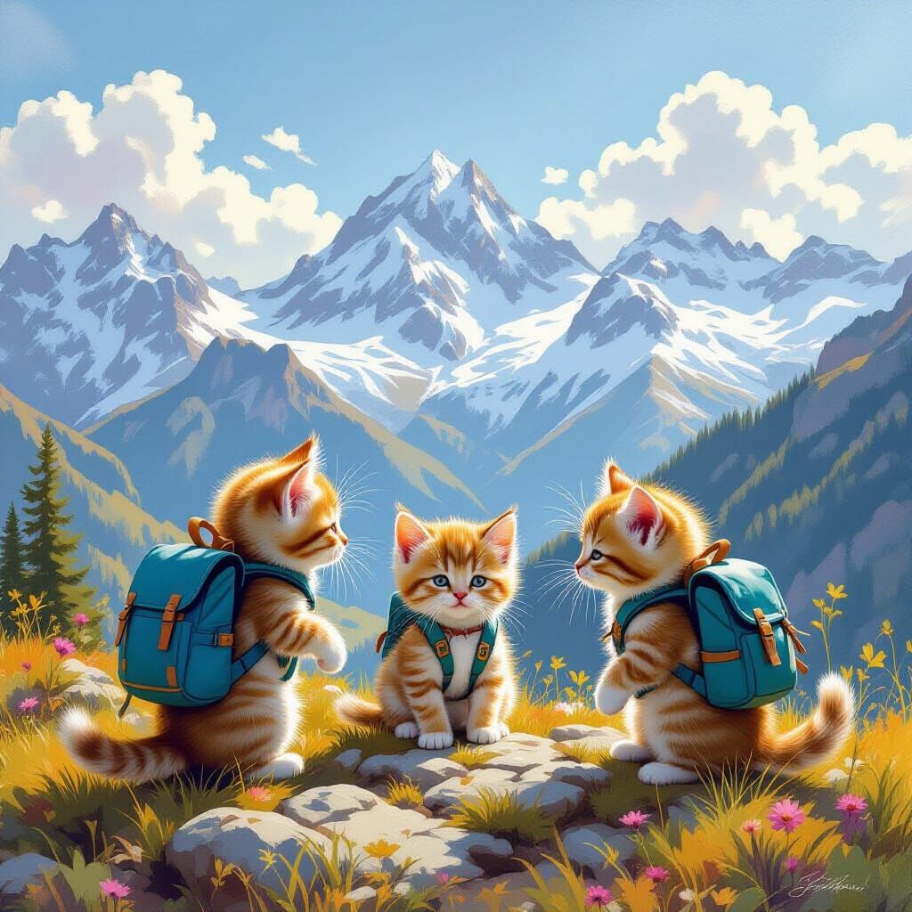 Alps Landscape with Adorable Kittens Playing
