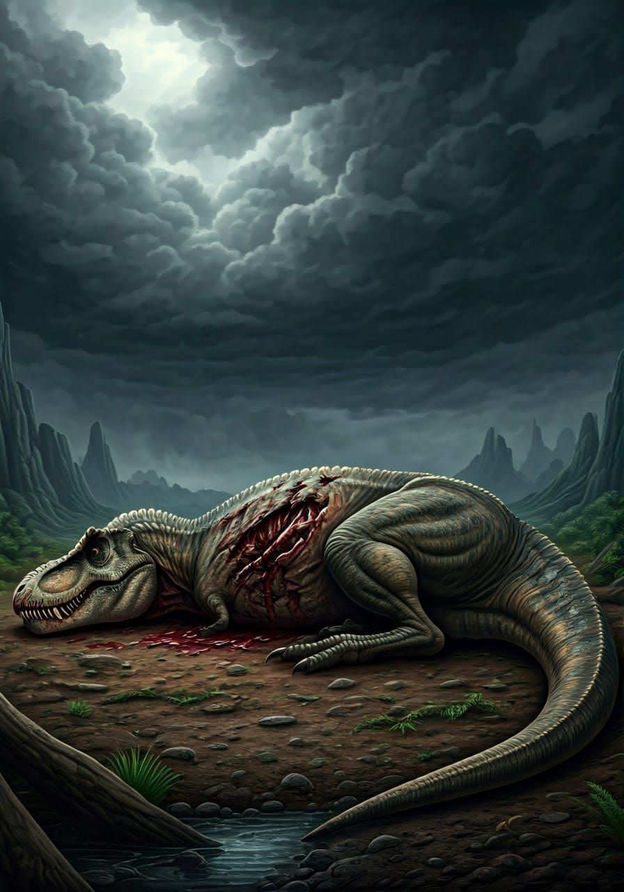 A Weary T-Rex Faces Mortality in a Prehistoric Storm