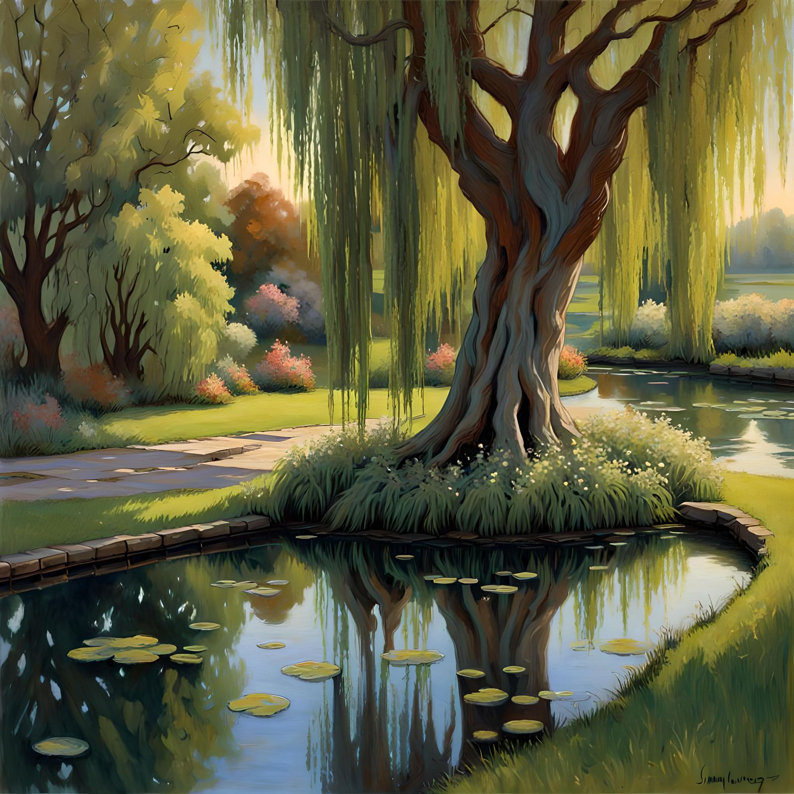 Enigmatic garden tales, willow tree,  pond,  art reference J...