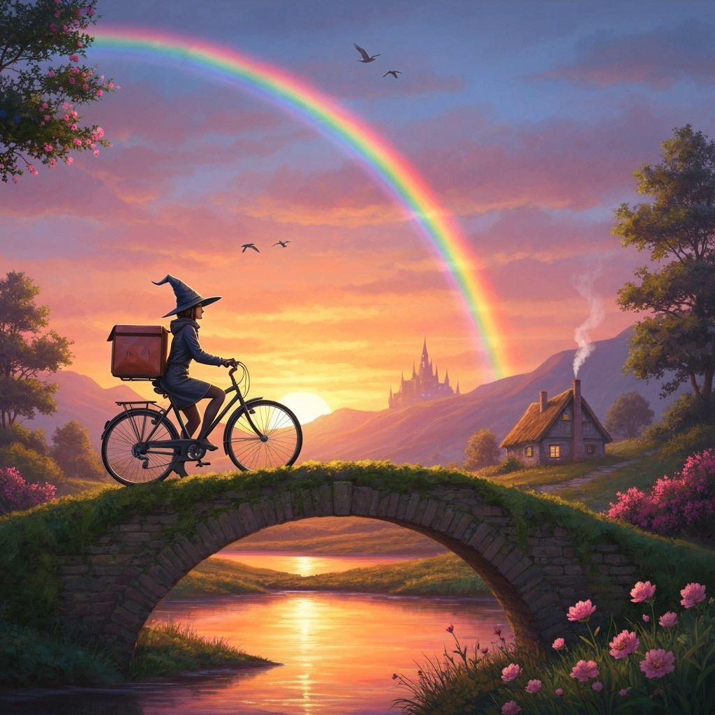 Witch Delivery Woman Cycling to Sunset Over Rainbow Landscap...
