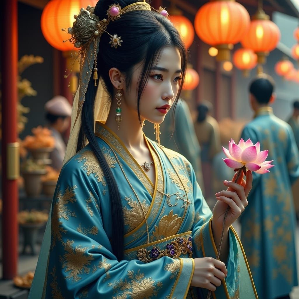 Ancient Chinese Spy in Intricately Embroidered Hanfu with Lo...