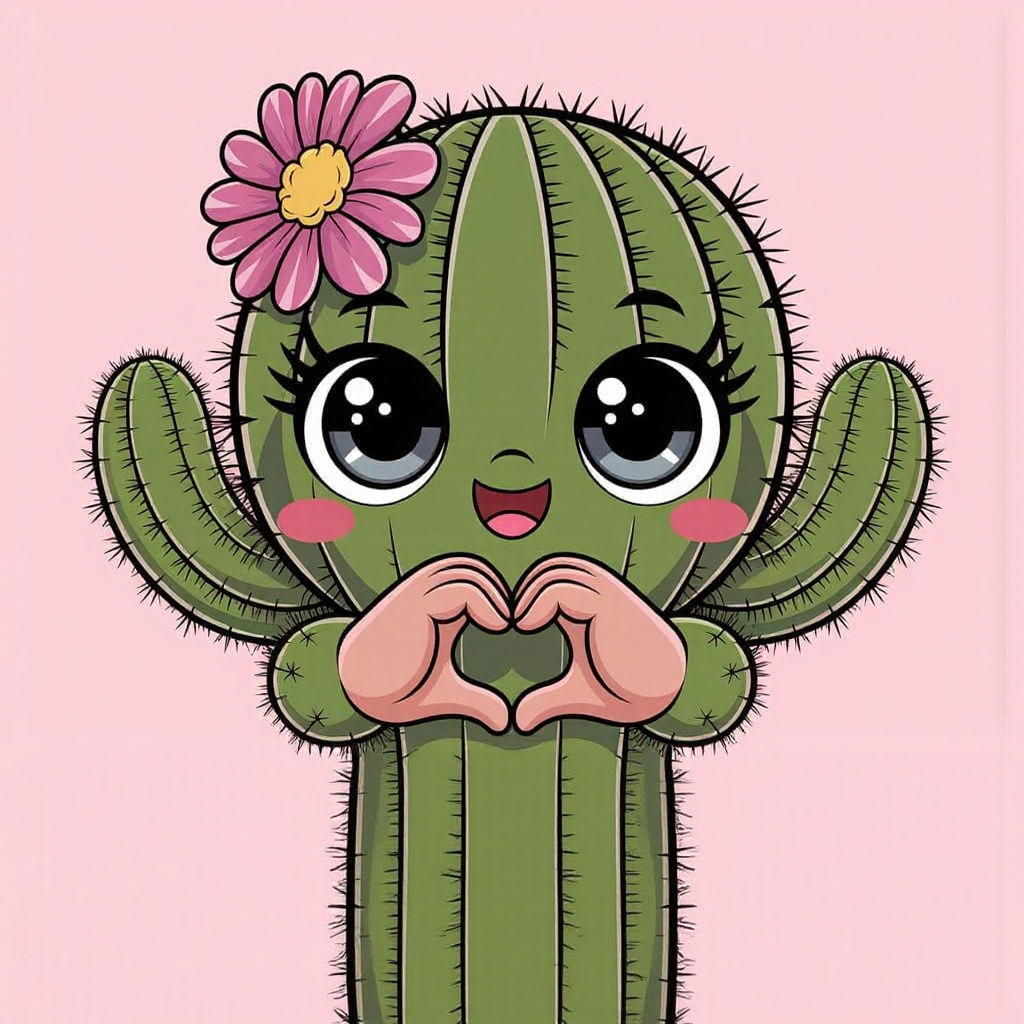 Endearing Baby Cactus with Heart Gesture: Kawaii Style