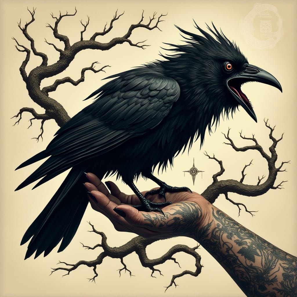 Gothic Raven Perched on Tattooed Arm in Dark, Twisted Vines