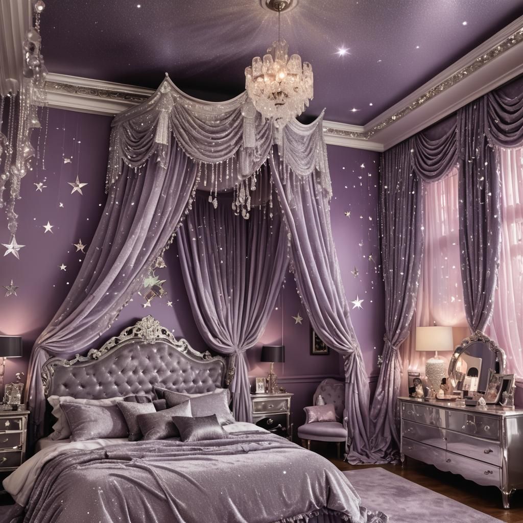 A glam rock inspired bedroom with light purple walls, silver stars on the wall, lots of bling and texture, and large pos...
