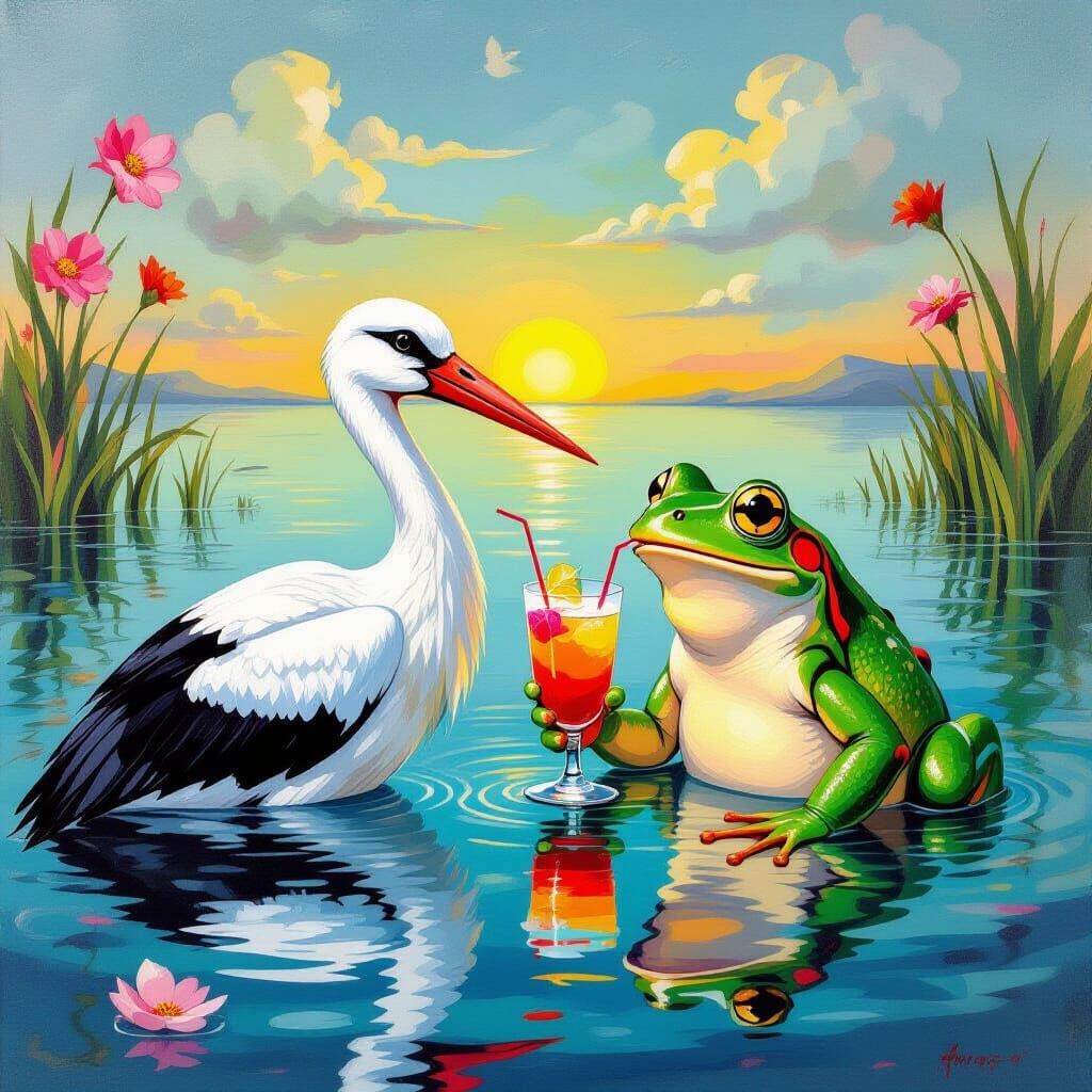 Stork and Frog Swim Together Sipping Cocktails