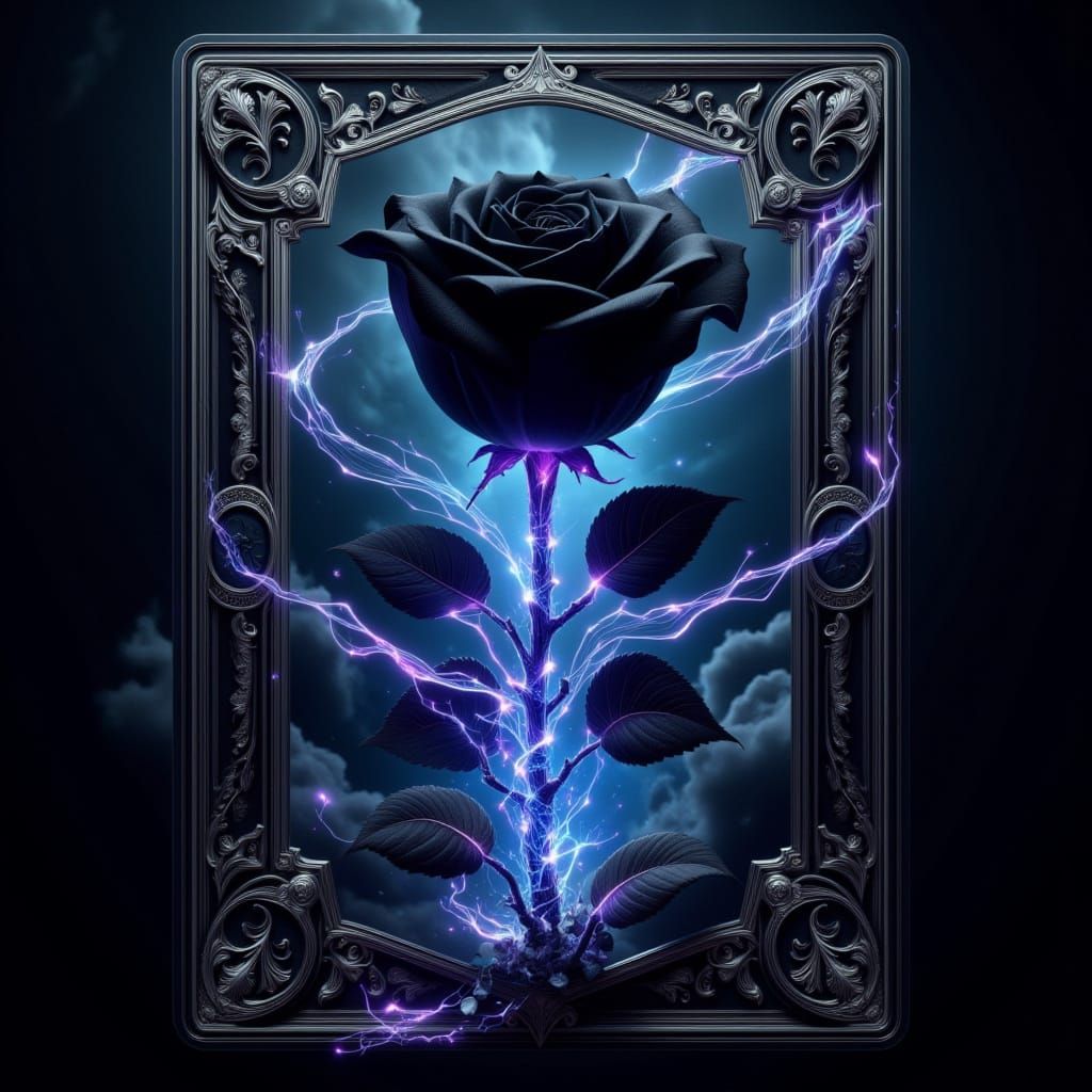 Black Rose with Indigo Veins in Neon Noir Style