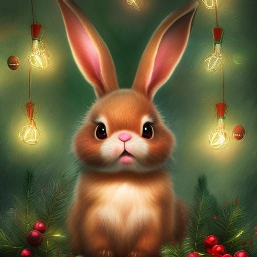 Adorable Christmas Bunny in Forest: Digital Illustration